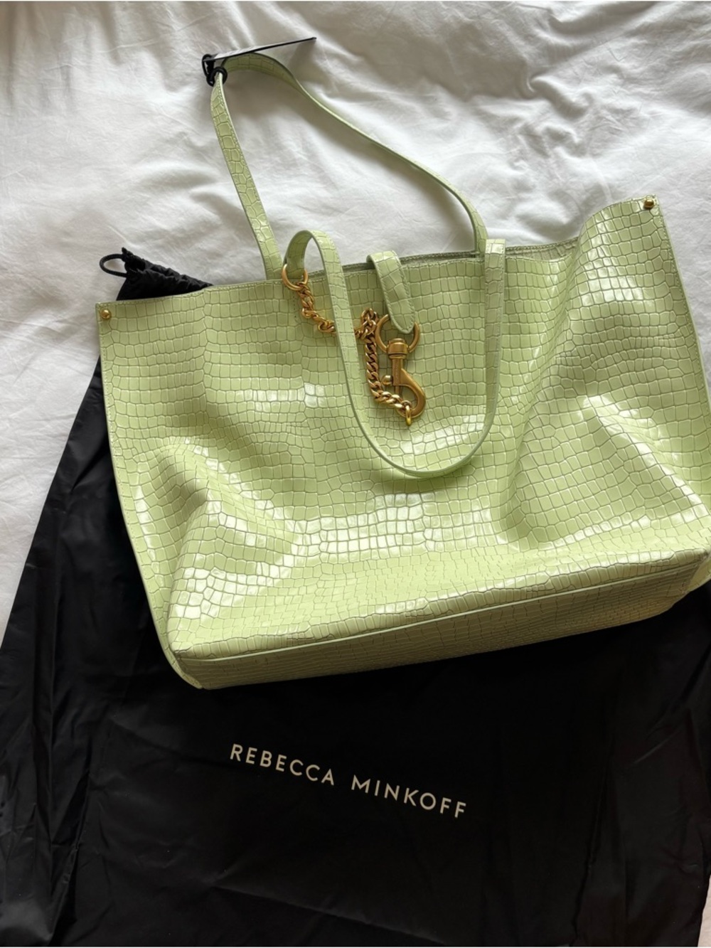 Rebecca Minkoff Light Green Croc Tote with Gold Hardware